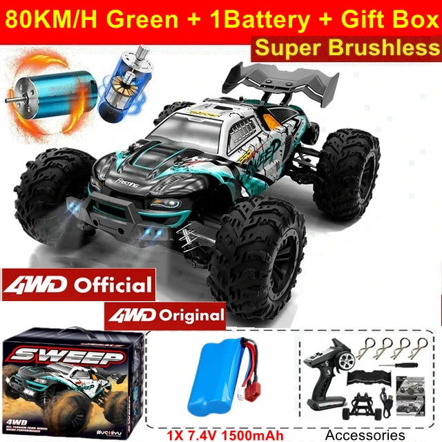 1:16 80km/h Brushless RC Drift Car With LED Lights 4WD Electric High Speed Racing Remote Control Monster Truck for Kids Adults - LOCKDEALZ