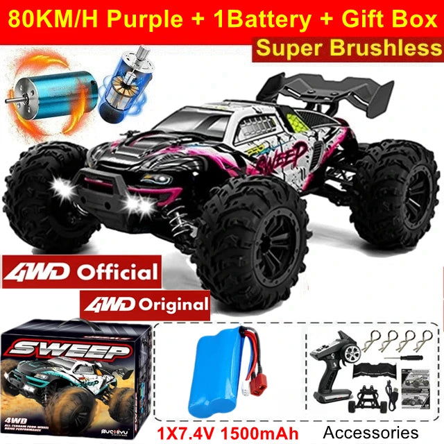 1:16 80km/h Brushless RC Drift Car With LED Lights 4WD Electric High Speed Racing Remote Control Monster Truck for Kids Adults - LOCKDEALZ