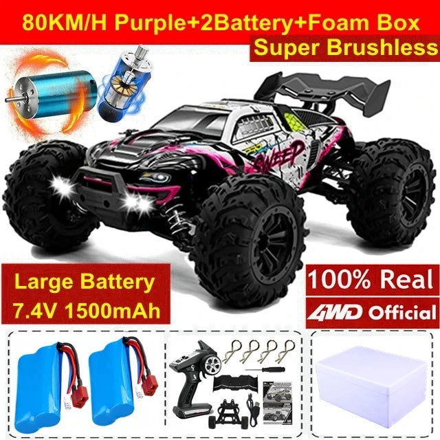 1:16 80km/h Brushless RC Drift Car With LED Lights 4WD Electric High Speed Racing Remote Control Monster Truck for Kids Adults - LOCKDEALZ