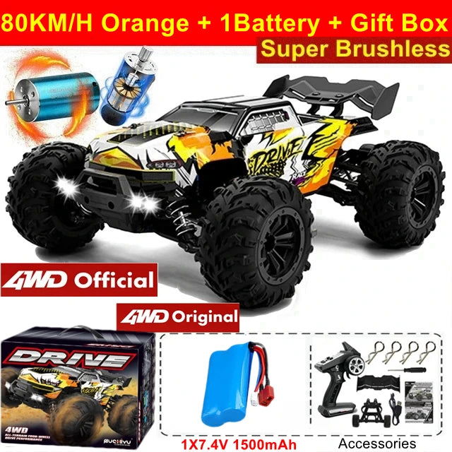 1:16 80km/h Brushless RC Drift Car With LED Lights 4WD Electric High Speed Racing Remote Control Monster Truck for Kids Adults - LOCKDEALZ