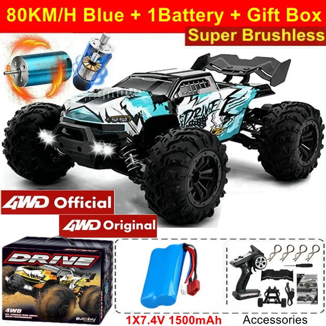 1:16 80km/h Brushless RC Drift Car With LED Lights 4WD Electric High Speed Racing Remote Control Monster Truck for Kids Adults - LOCKDEALZ