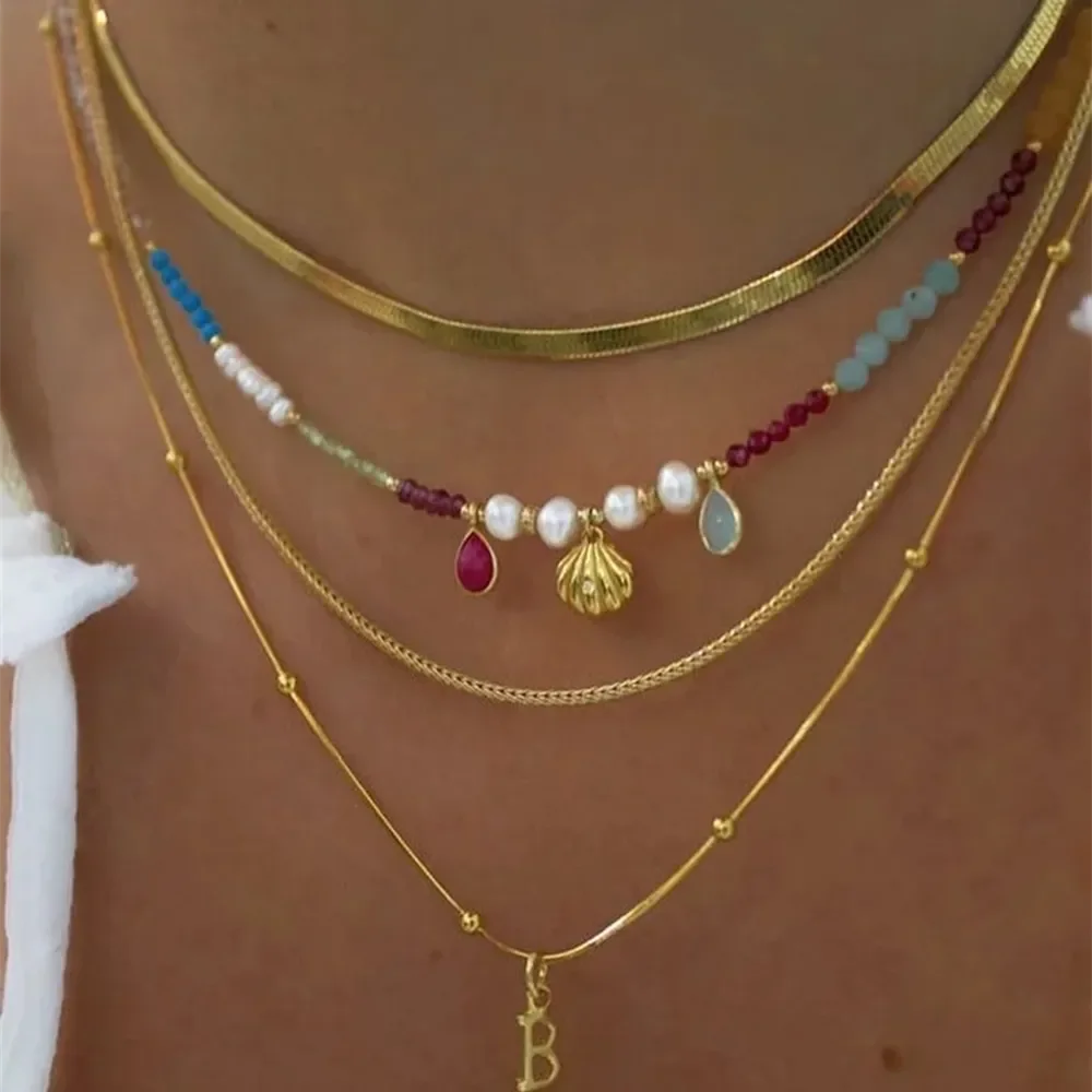 2023 Fashion Multilayer Boho Colorful Bead Chain Necklace For Women Female Crystal Water Drop Metal Letter Pendant Jewelry Gift - LOCKDEALZ