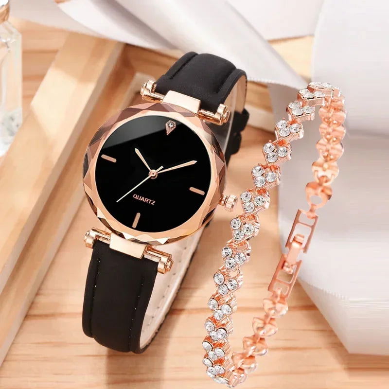 2024 Luxury Fashion Women Watch Set PU Leather Strap Ladies Quartz Wristwatch Rhinestone RoseGold Alloy Bracelet for Ladies Gift - LOCKDEALZ