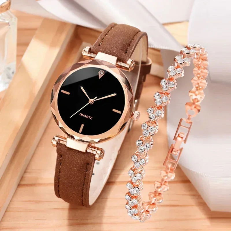 2024 Luxury Fashion Women Watch Set PU Leather Strap Ladies Quartz Wristwatch Rhinestone RoseGold Alloy Bracelet for Ladies Gift - LOCKDEALZ