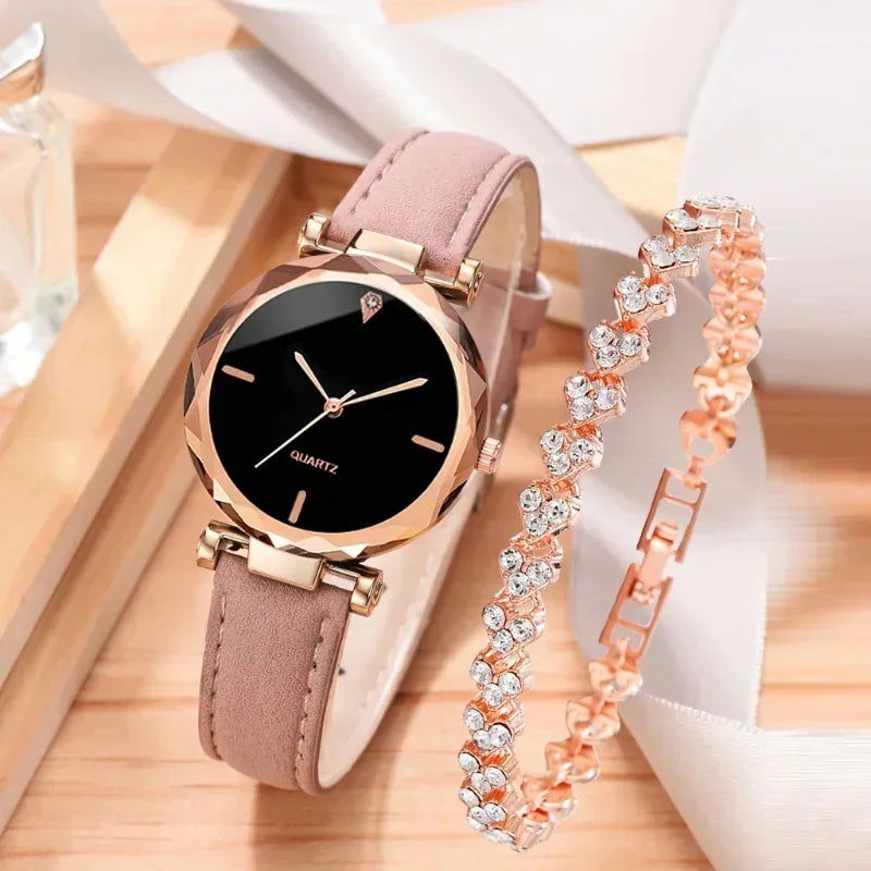2024 Luxury Fashion Women Watch Set PU Leather Strap Ladies Quartz Wristwatch Rhinestone RoseGold Alloy Bracelet for Ladies Gift - LOCKDEALZ
