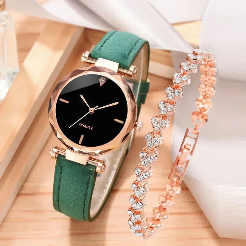 2024 Luxury Fashion Women Watch Set PU Leather Strap Ladies Quartz Wristwatch Rhinestone RoseGold Alloy Bracelet for Ladies Gift - LOCKDEALZ