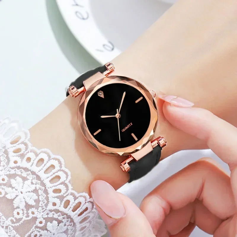 2024 Luxury Fashion Women Watch Set PU Leather Strap Ladies Quartz Wristwatch Rhinestone RoseGold Alloy Bracelet for Ladies Gift - LOCKDEALZ