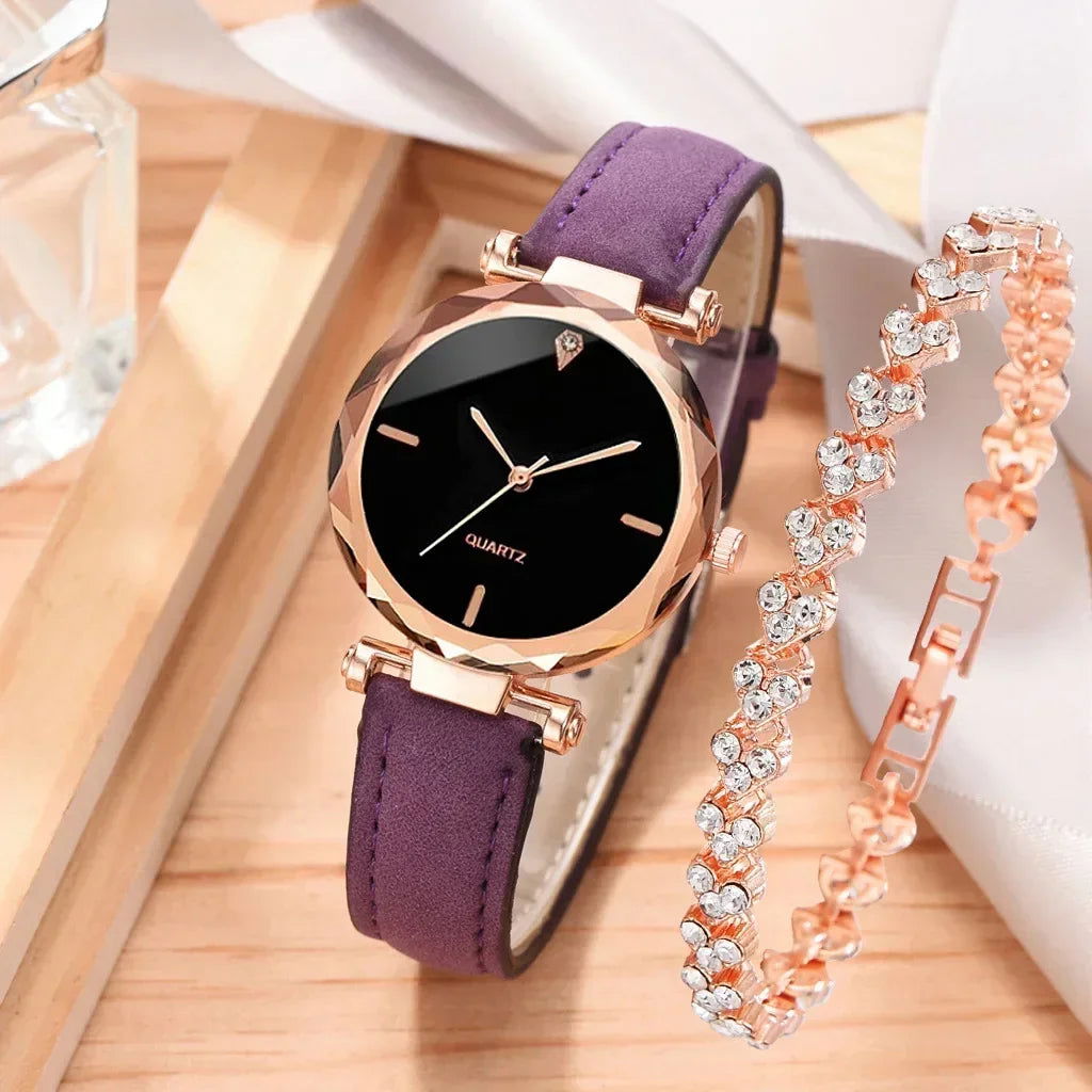 2024 Luxury Fashion Women Watch Set PU Leather Strap Ladies Quartz Wristwatch Rhinestone RoseGold Alloy Bracelet for Ladies Gift - LOCKDEALZ