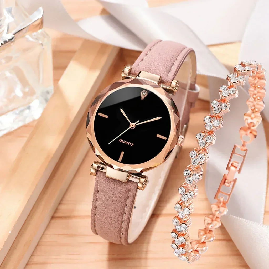 2024 Luxury Fashion Women Watch Set PU Leather Strap Ladies Quartz Wristwatch Rhinestone RoseGold Alloy Bracelet for Ladies Gift - LOCKDEALZ