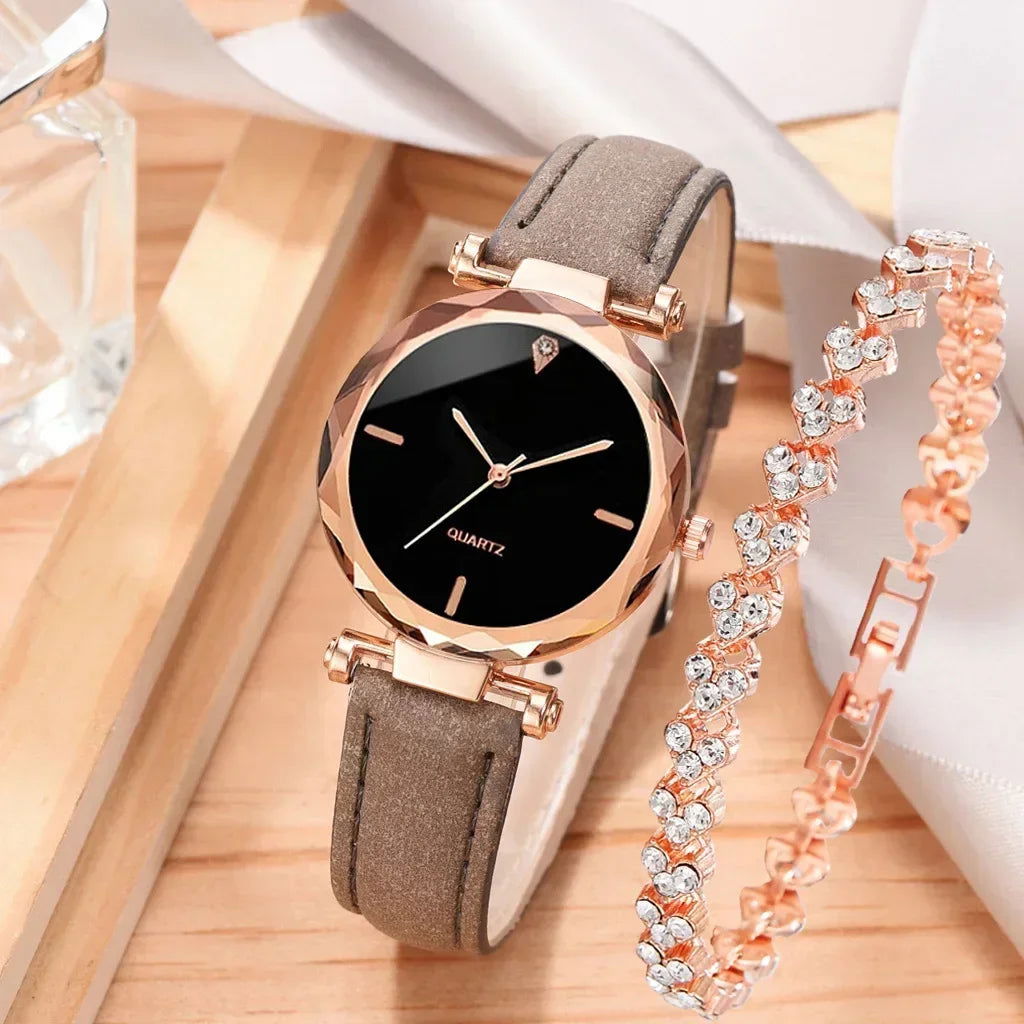 2024 Luxury Fashion Women Watch Set PU Leather Strap Ladies Quartz Wristwatch Rhinestone RoseGold Alloy Bracelet for Ladies Gift - LOCKDEALZ