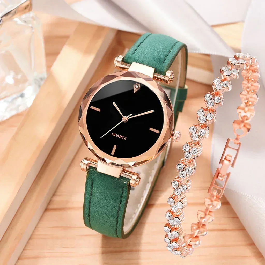 2024 Luxury Fashion Women Watch Set PU Leather Strap Ladies Quartz Wristwatch Rhinestone RoseGold Alloy Bracelet for Ladies Gift - LOCKDEALZ