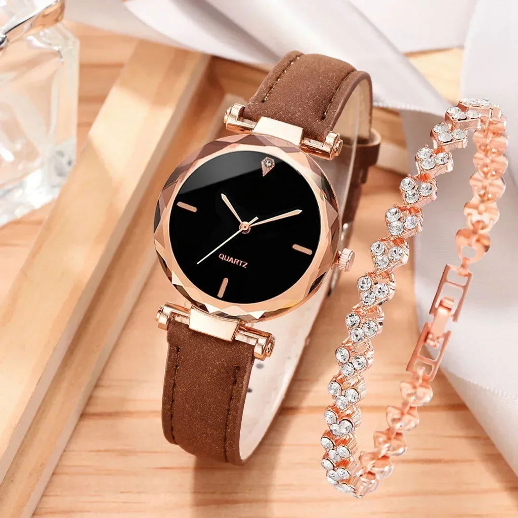 2024 Luxury Fashion Women Watch Set PU Leather Strap Ladies Quartz Wristwatch Rhinestone RoseGold Alloy Bracelet for Ladies Gift - LOCKDEALZ