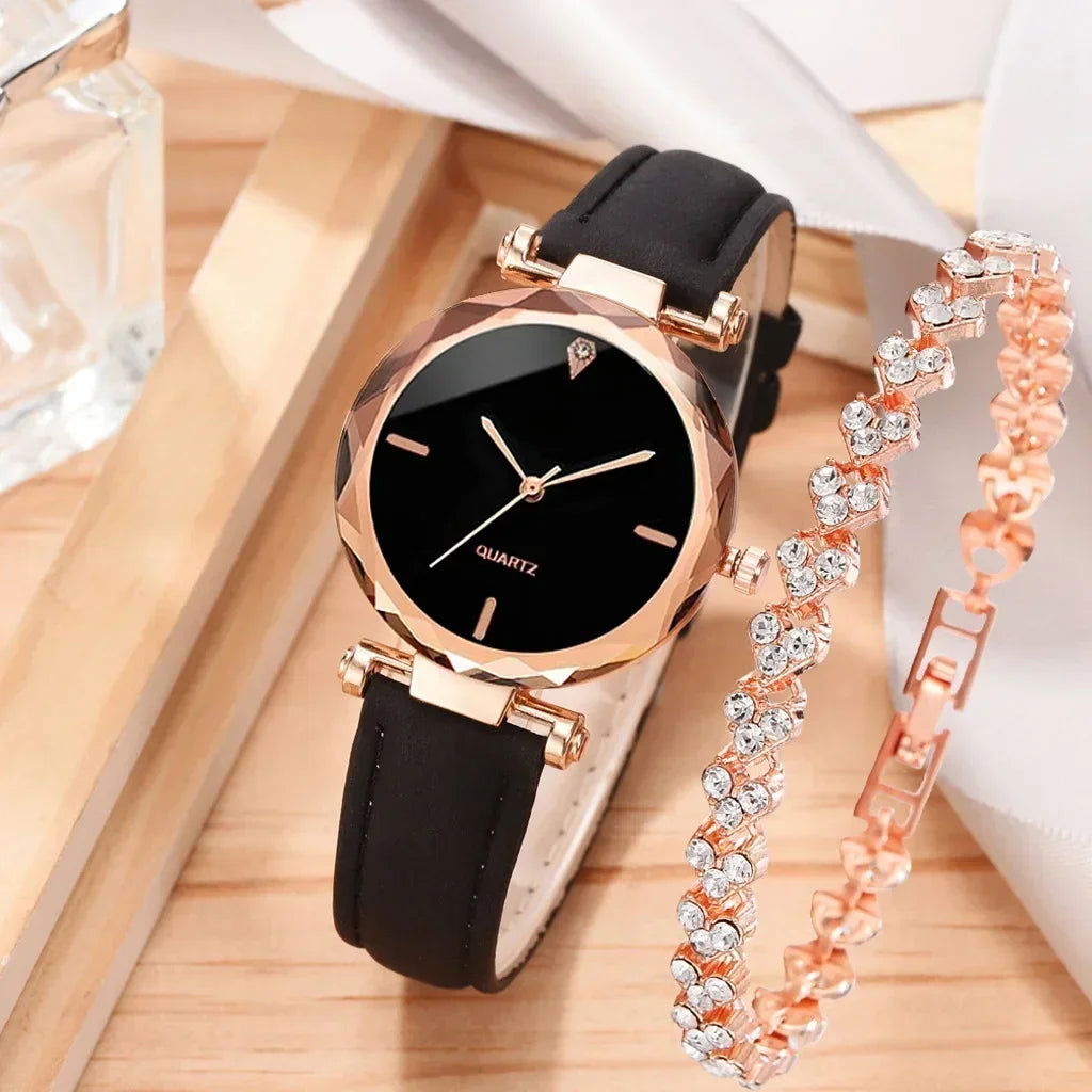 2024 Luxury Fashion Women Watch Set PU Leather Strap Ladies Quartz Wristwatch Rhinestone RoseGold Alloy Bracelet for Ladies Gift - LOCKDEALZ