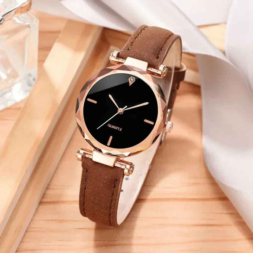 2024 Luxury Fashion Women Watch Set PU Leather Strap Ladies Quartz Wristwatch Rhinestone RoseGold Alloy Bracelet for Ladies Gift - LOCKDEALZ