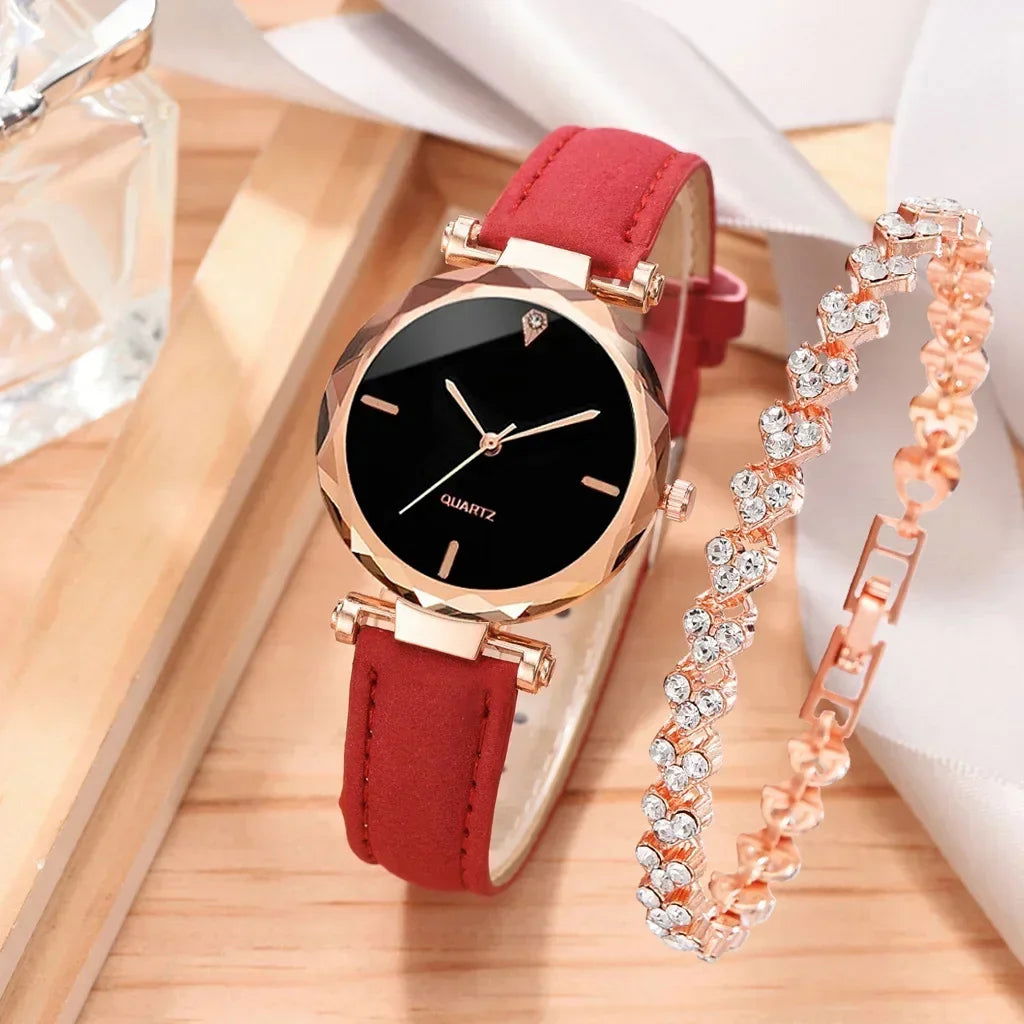 2024 Luxury Fashion Women Watch Set PU Leather Strap Ladies Quartz Wristwatch Rhinestone RoseGold Alloy Bracelet for Ladies Gift - LOCKDEALZ