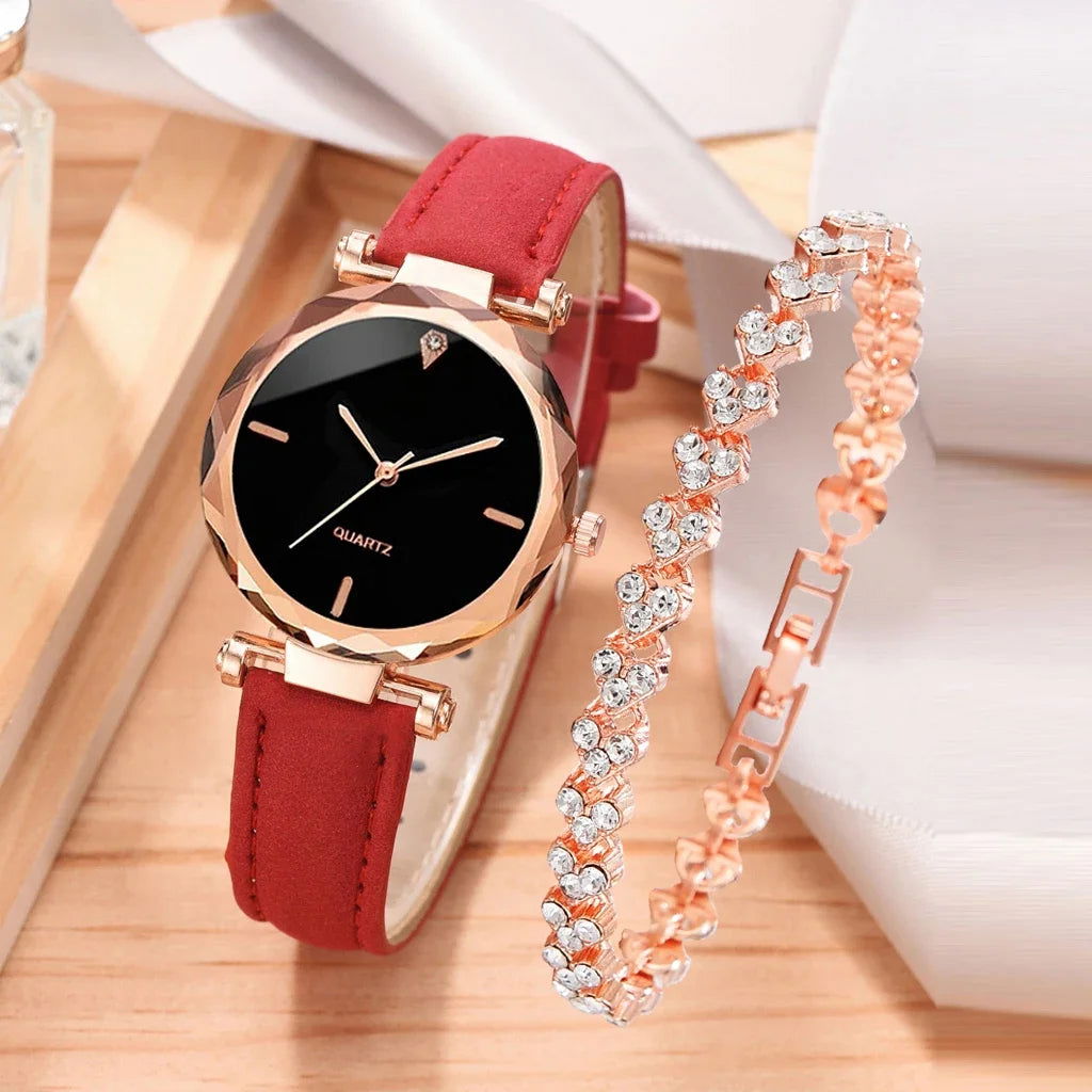 2024 Luxury Fashion Women Watch Set PU Leather Strap Ladies Quartz Wristwatch Rhinestone RoseGold Alloy Bracelet for Ladies Gift - LOCKDEALZ