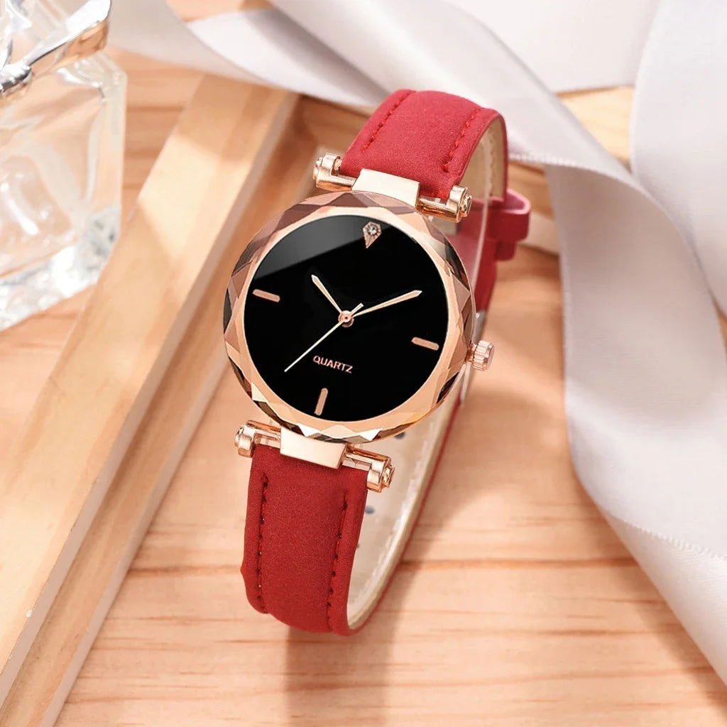 2024 Luxury Fashion Women Watch Set PU Leather Strap Ladies Quartz Wristwatch Rhinestone RoseGold Alloy Bracelet for Ladies Gift - LOCKDEALZ