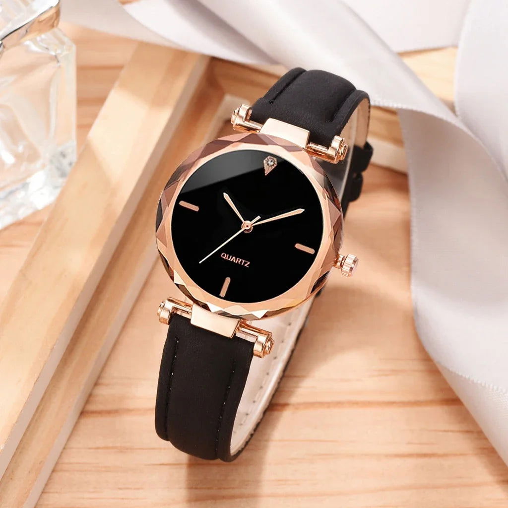 2024 Luxury Fashion Women Watch Set PU Leather Strap Ladies Quartz Wristwatch Rhinestone RoseGold Alloy Bracelet for Ladies Gift - LOCKDEALZ