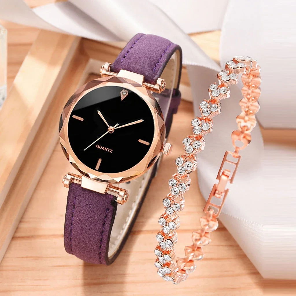 2024 Luxury Fashion Women Watch Set PU Leather Strap Ladies Quartz Wristwatch Rhinestone RoseGold Alloy Bracelet for Ladies Gift - LOCKDEALZ