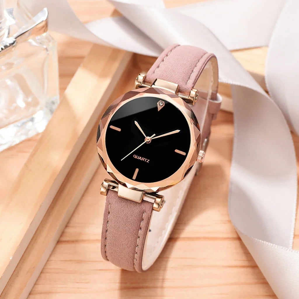 2024 Luxury Fashion Women Watch Set PU Leather Strap Ladies Quartz Wristwatch Rhinestone RoseGold Alloy Bracelet for Ladies Gift - LOCKDEALZ
