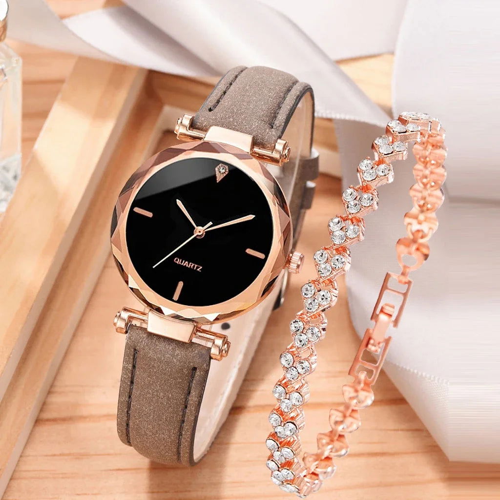 2024 Luxury Fashion Women Watch Set PU Leather Strap Ladies Quartz Wristwatch Rhinestone RoseGold Alloy Bracelet for Ladies Gift - LOCKDEALZ