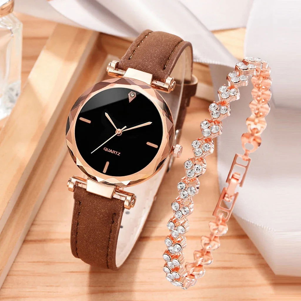 2024 Luxury Fashion Women Watch Set PU Leather Strap Ladies Quartz Wristwatch Rhinestone RoseGold Alloy Bracelet for Ladies Gift - LOCKDEALZ