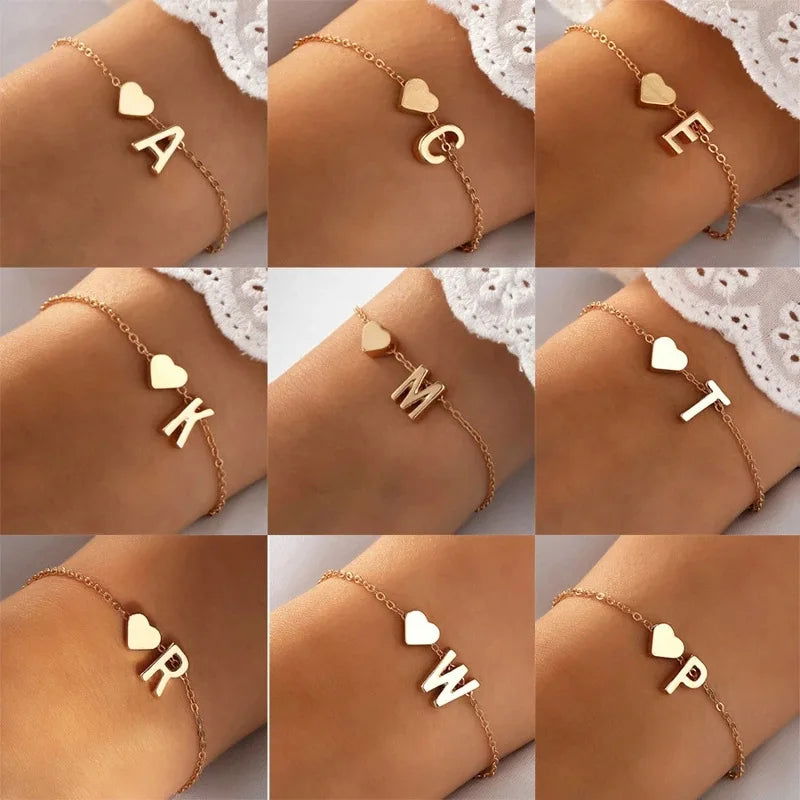 26 Letters Fashion English Initial Letter Heart Bracelet DIY Personalized Name Bracelets Girls Women Anniversary Jewelry Gifts - LOCKDEALZ