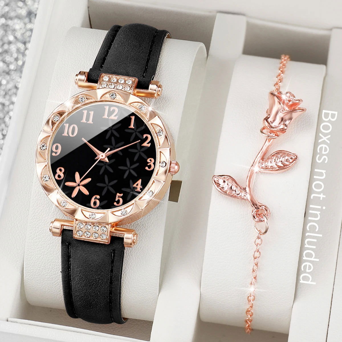 2PCS/Set Fashion Flower Dial Women's Watch Leather Band Analog Quartz Watches Rose BraceletSet(Without Box) - LOCKDEALZ