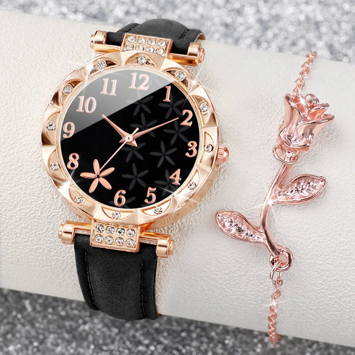 2PCS/Set Fashion Flower Dial Women's Watch Leather Band Analog Quartz Watches Rose BraceletSet(Without Box) - LOCKDEALZ