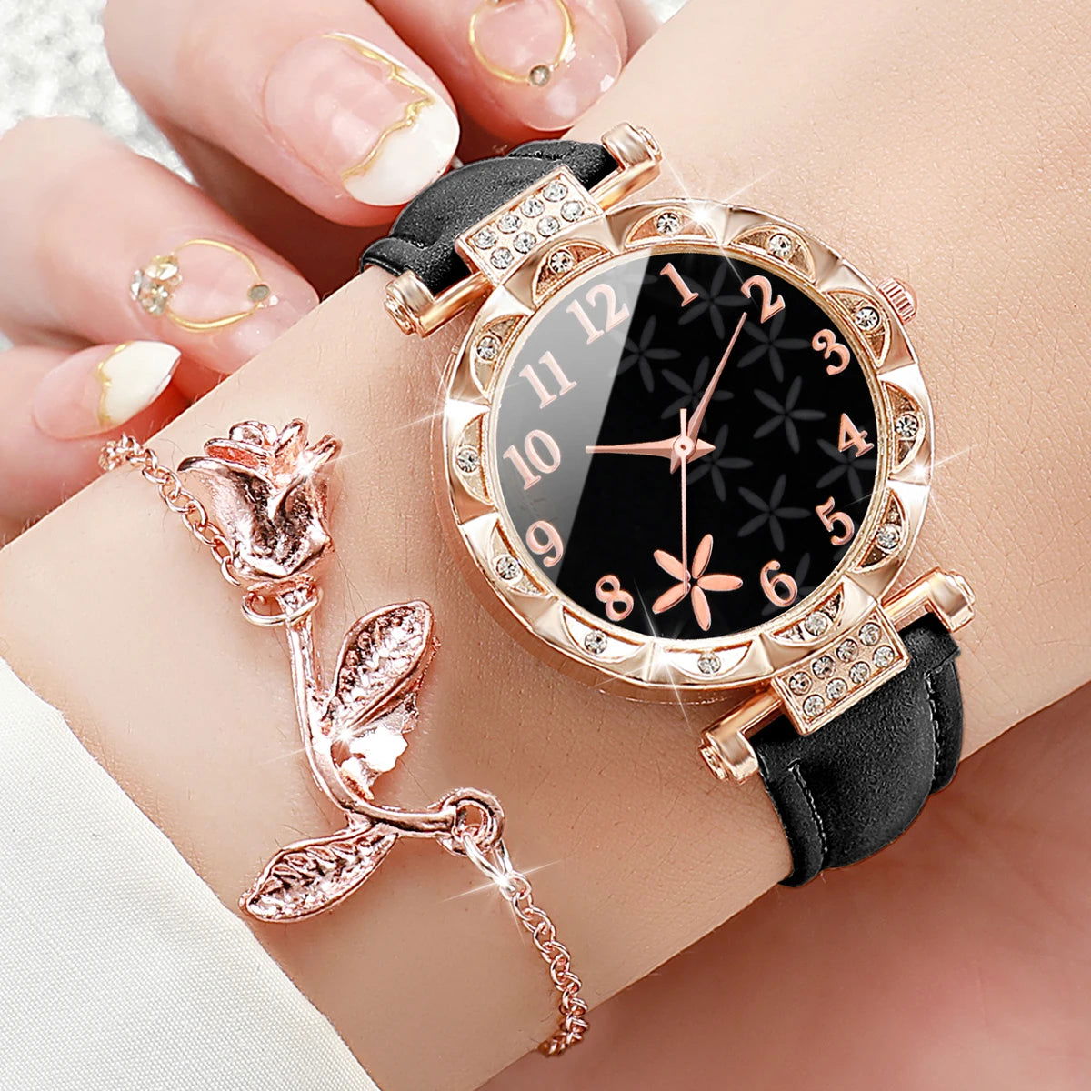 2PCS/Set Fashion Flower Dial Women's Watch Leather Band Analog Quartz Watches Rose BraceletSet(Without Box) - LOCKDEALZ
