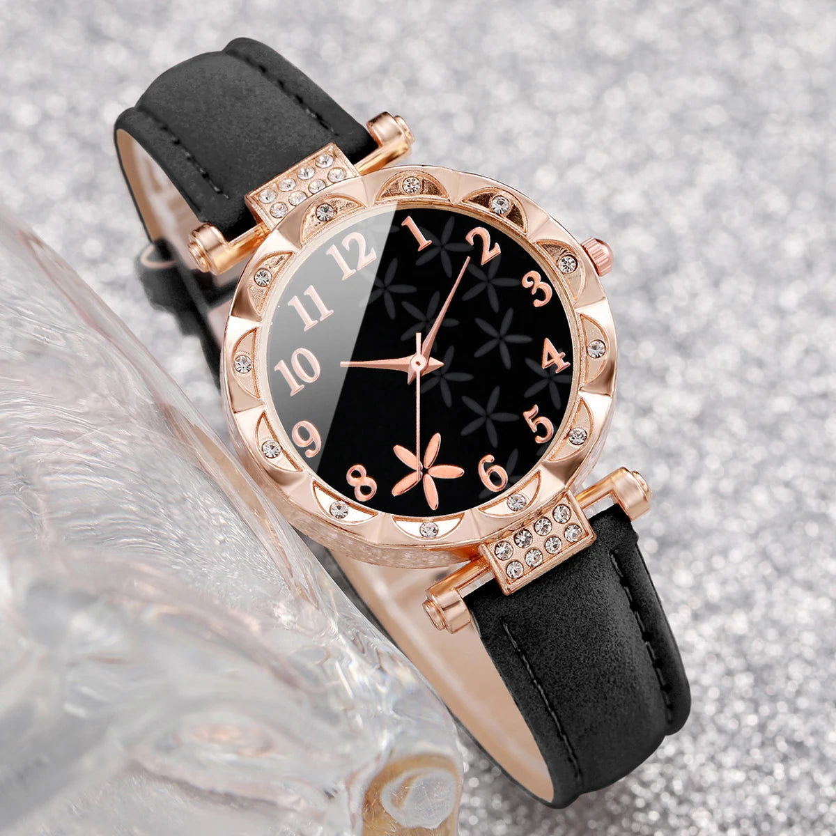 2PCS/Set Fashion Flower Dial Women's Watch Leather Band Analog Quartz Watches Rose BraceletSet(Without Box) - LOCKDEALZ