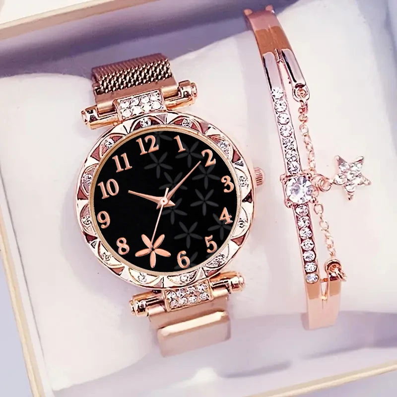 2PCS/Set Fashion Flower Dial Women's Watch Magnet Buckle Mesh Band Quartz Watches Star Bracelet Set(Without Box) - LOCKDEALZ