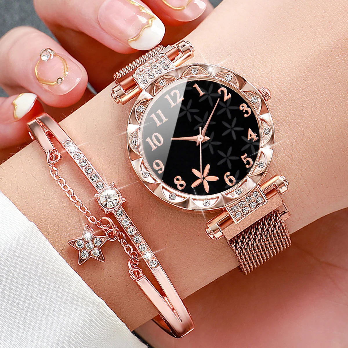 2PCS/Set Fashion Flower Dial Women's Watch Magnet Buckle Mesh Band Quartz Watches Star Bracelet Set(Without Box) - LOCKDEALZ