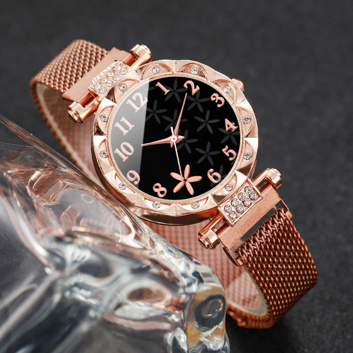 2PCS/Set Fashion Flower Dial Women's Watch Magnet Buckle Mesh Band Quartz Watches Star Bracelet Set(Without Box) - LOCKDEALZ