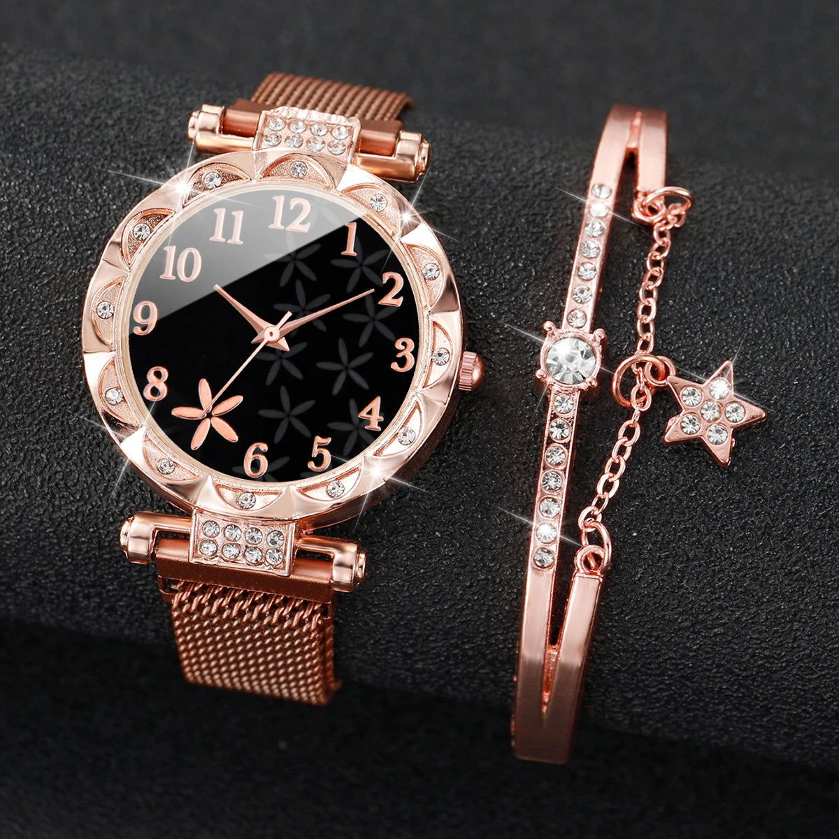 2PCS/Set Fashion Flower Dial Women's Watch Magnet Buckle Mesh Band Quartz Watches Star Bracelet Set(Without Box) - LOCKDEALZ