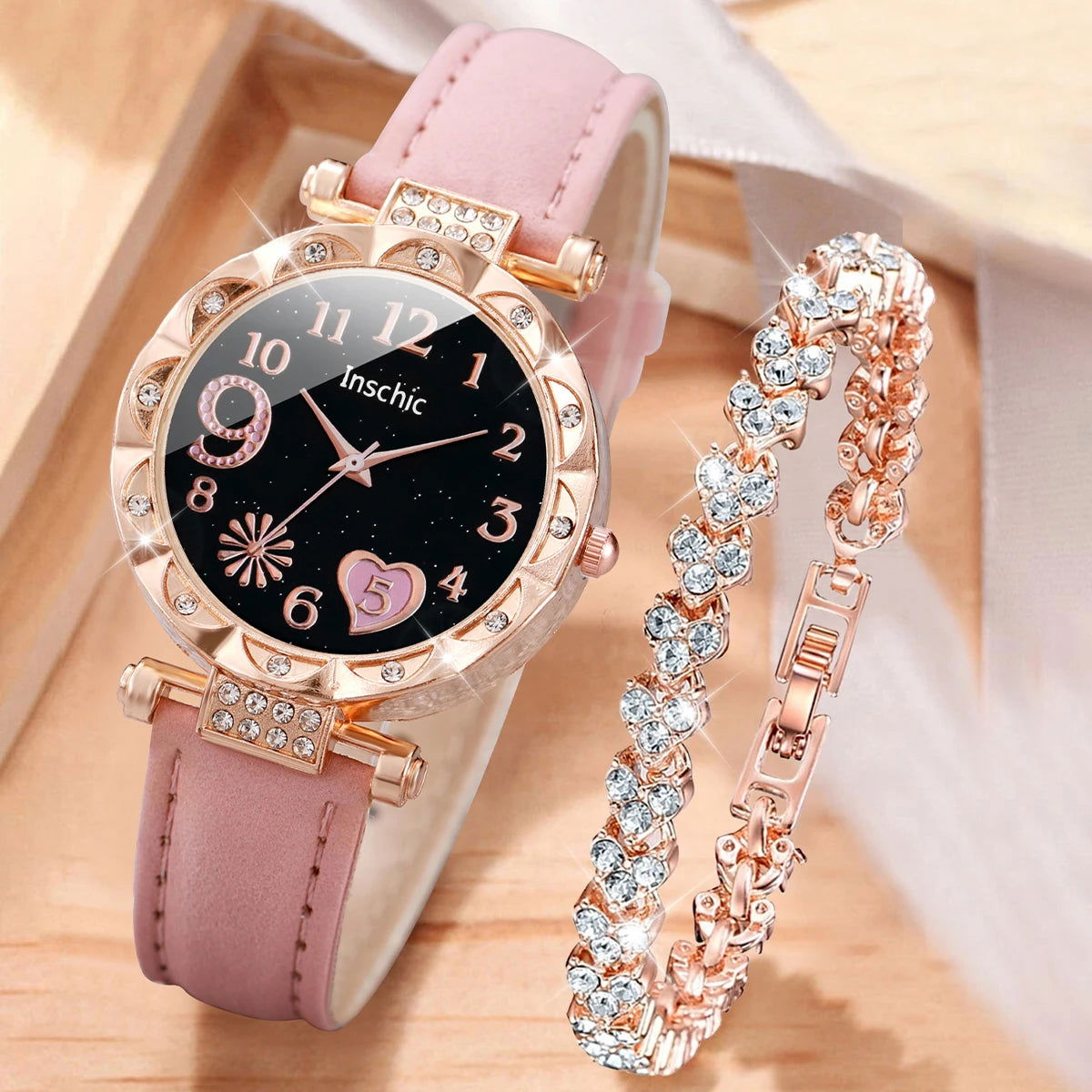 2PCS/Set Fashion Heart Dial Women's Watches Leather Band Quartz Watch Rhinestone Bracelet Set - LOCKDEALZ