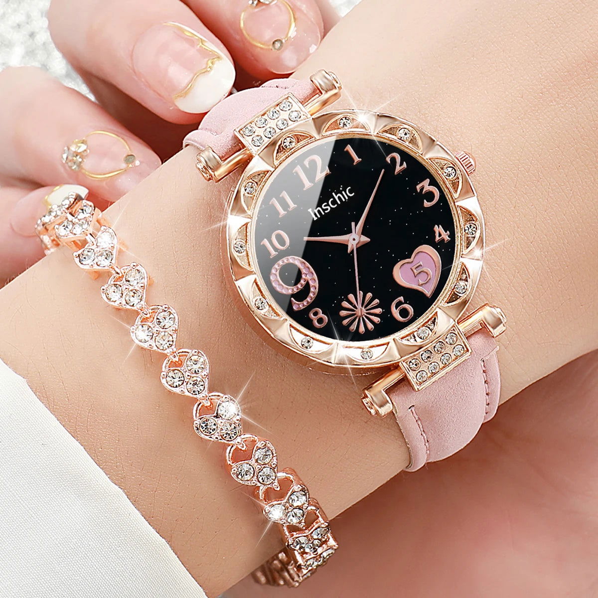 2PCS/Set Fashion Heart Dial Women's Watches Leather Band Quartz Watch Rhinestone Bracelet Set - LOCKDEALZ