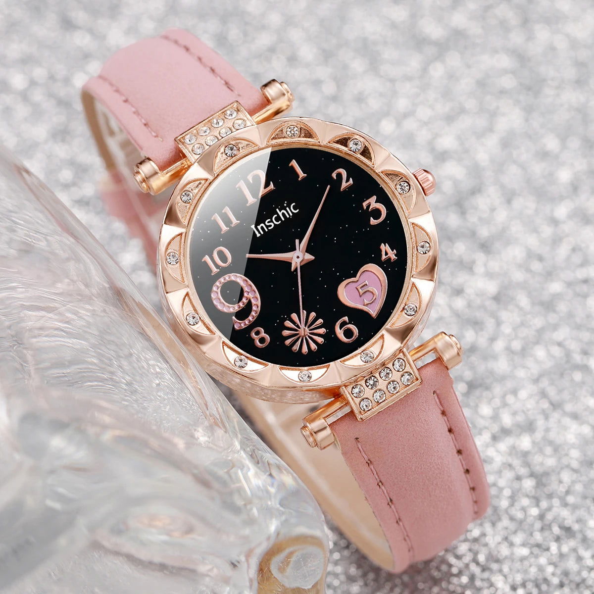 2PCS/Set Fashion Heart Dial Women's Watches Leather Band Quartz Watch Rhinestone Bracelet Set - LOCKDEALZ