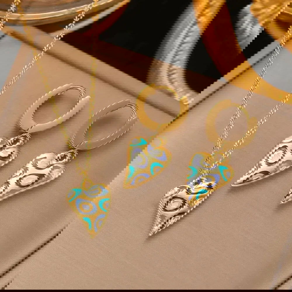 2 PCS Set Metal Leaves Epoxy Earring Necklace Set Shinny Gold Color Metal Heart Fatima Hand Colorful Epoxy Women Jewelry Set - LOCKDEALZ