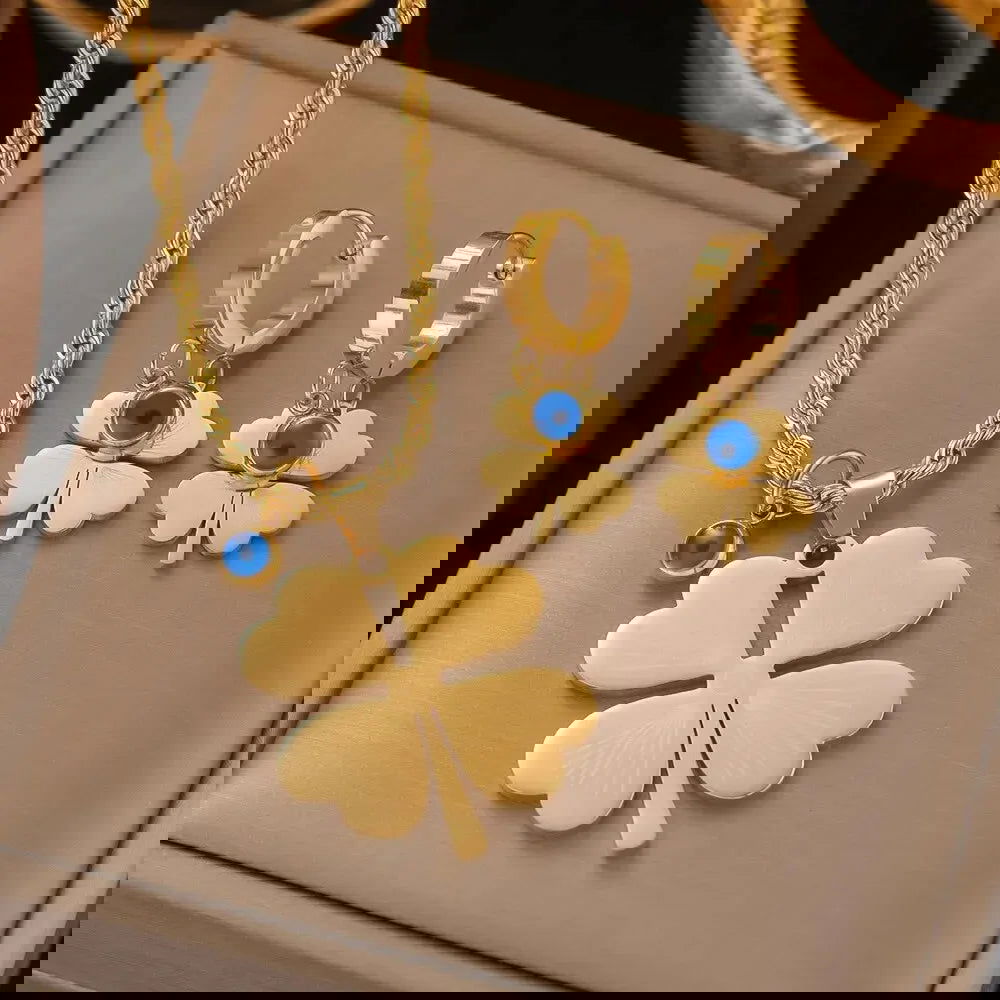 2 PCS Set Metal Leaves Epoxy Earring Necklace Set Shinny Gold Color Metal Heart Fatima Hand Colorful Epoxy Women Jewelry Set - LOCKDEALZ