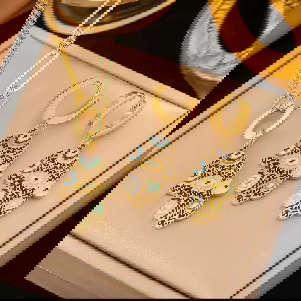2 PCS Set Metal Leaves Epoxy Earring Necklace Set Shinny Gold Color Metal Heart Fatima Hand Colorful Epoxy Women Jewelry Set - LOCKDEALZ
