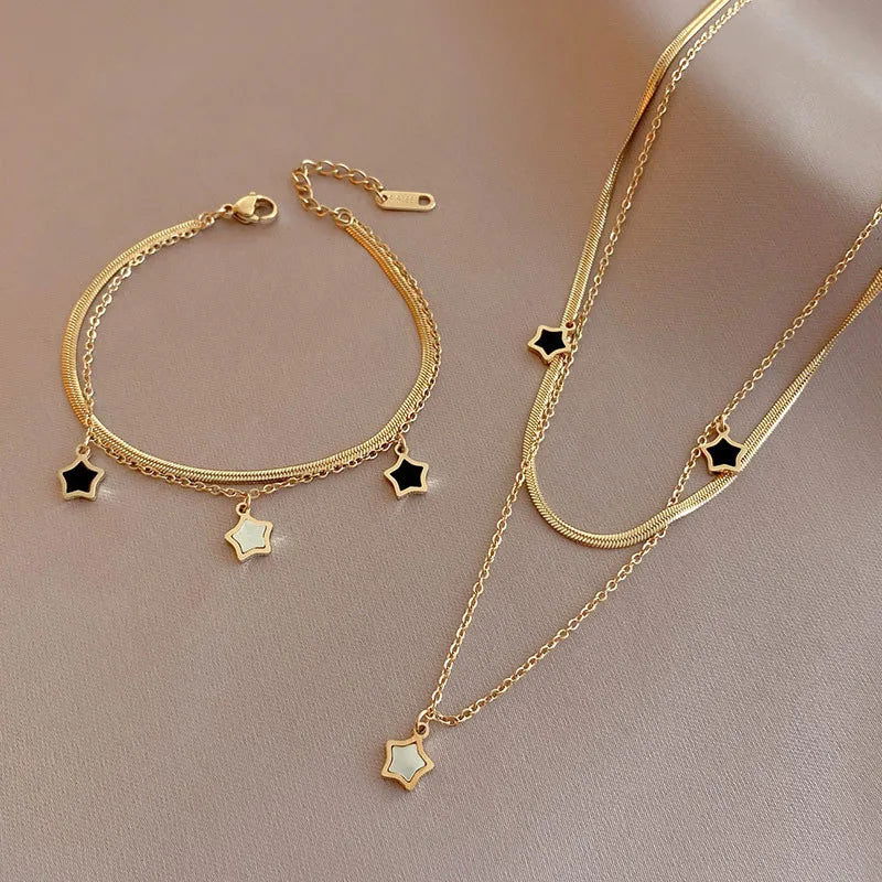 316L Stainless Steel Multilayer Chain Star Charm Necklace Bracelet For Women New Trend Jewelry Set Girls Party Gifts - LOCKDEALZ