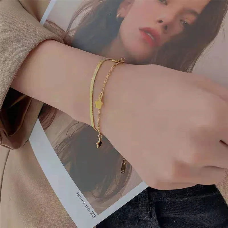316L Stainless Steel Multilayer Chain Star Charm Necklace Bracelet For Women New Trend Jewelry Set Girls Party Gifts - LOCKDEALZ