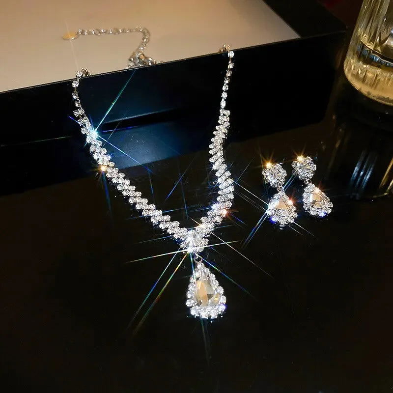 3 Pieces Of Fashionable Women's Water Drop Necklaces And Earrings Set For Wedding Season, Banquet And Party Accessories-2910 - LOCKDEALZ