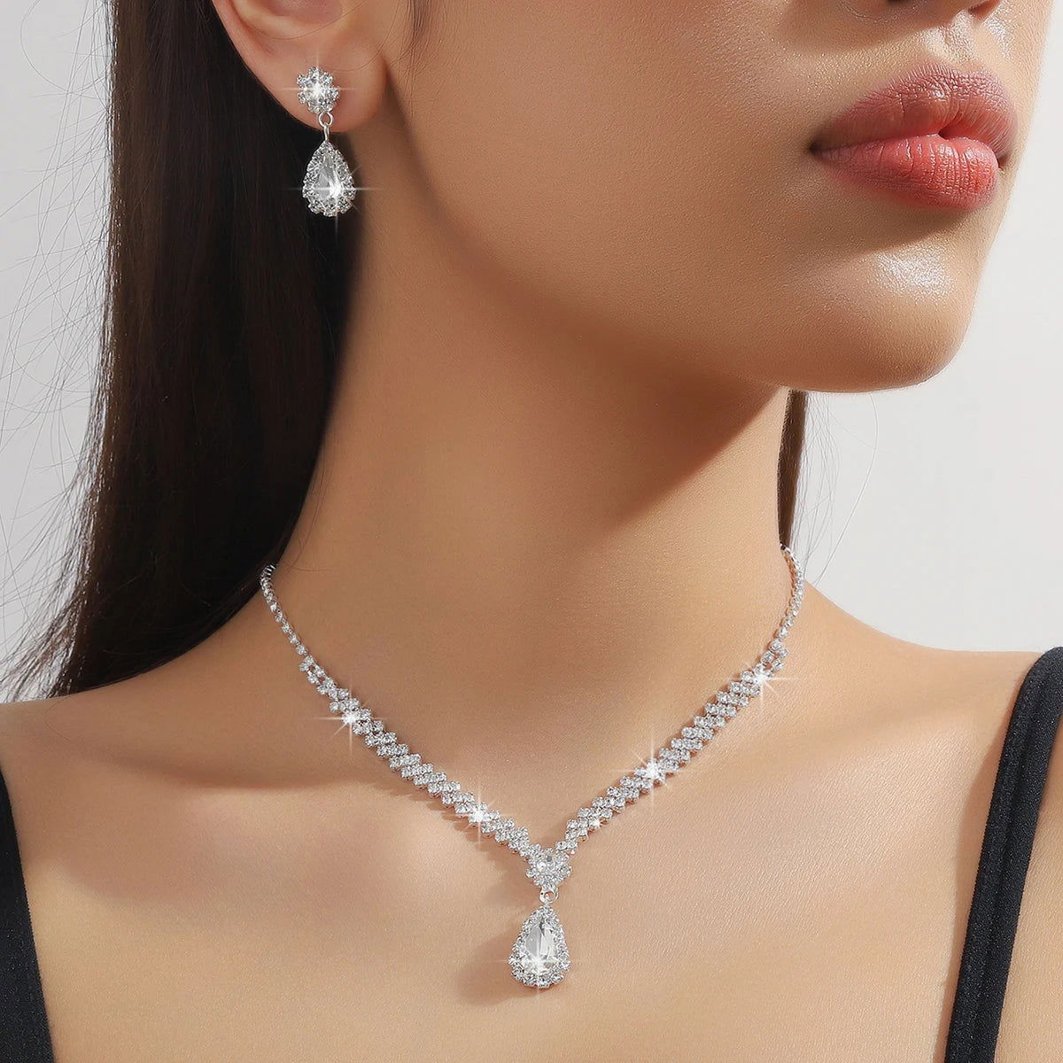 3 Pieces Of Fashionable Women's Water Drop Necklaces And Earrings Set For Wedding Season, Banquet And Party Accessories-2910 - LOCKDEALZ