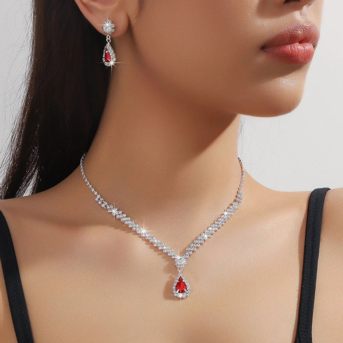 3 Pieces Of Fashionable Women's Water Drop Necklaces And Earrings Set For Wedding Season, Banquet And Party Accessories-2910 - LOCKDEALZ