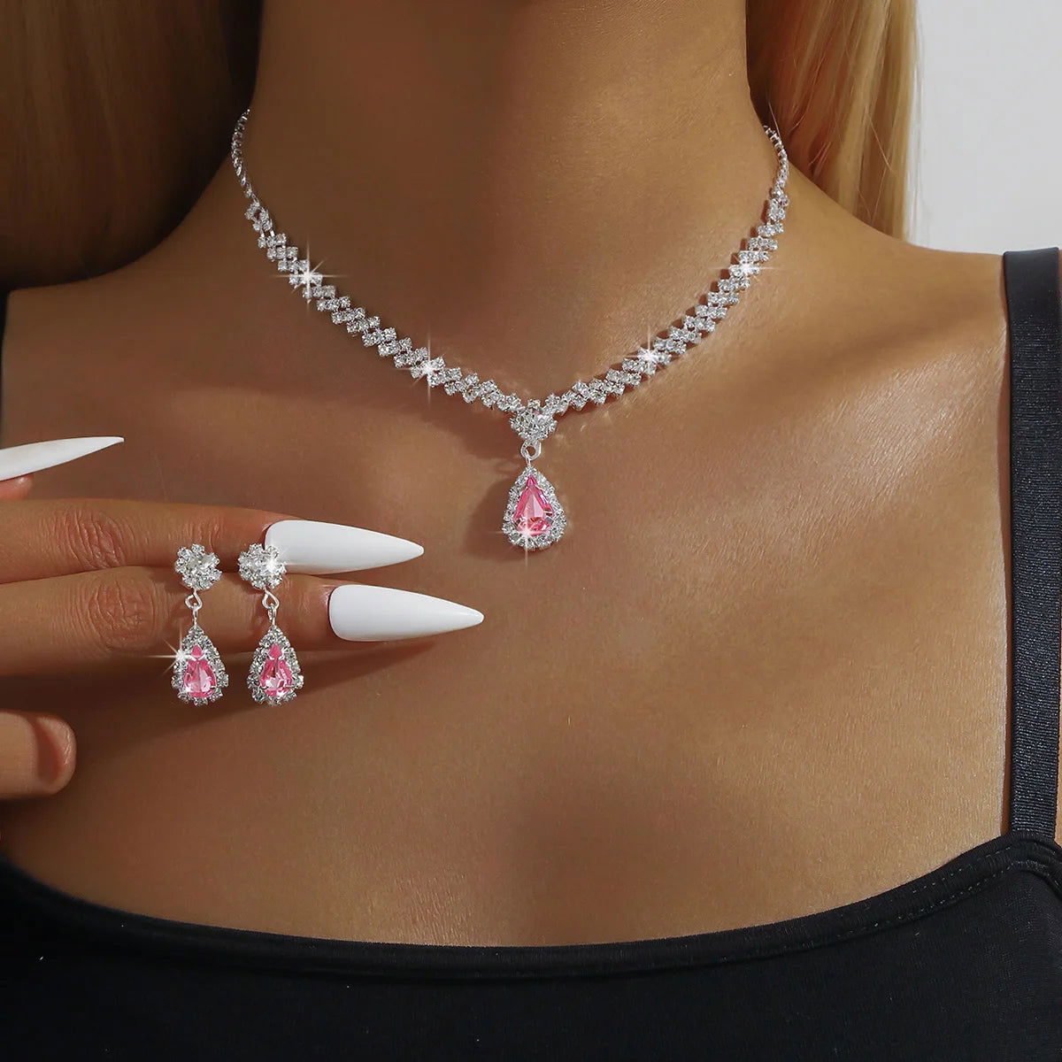 3 Pieces Of Fashionable Women's Water Drop Necklaces And Earrings Set For Wedding Season, Banquet And Party Accessories-2910 - LOCKDEALZ