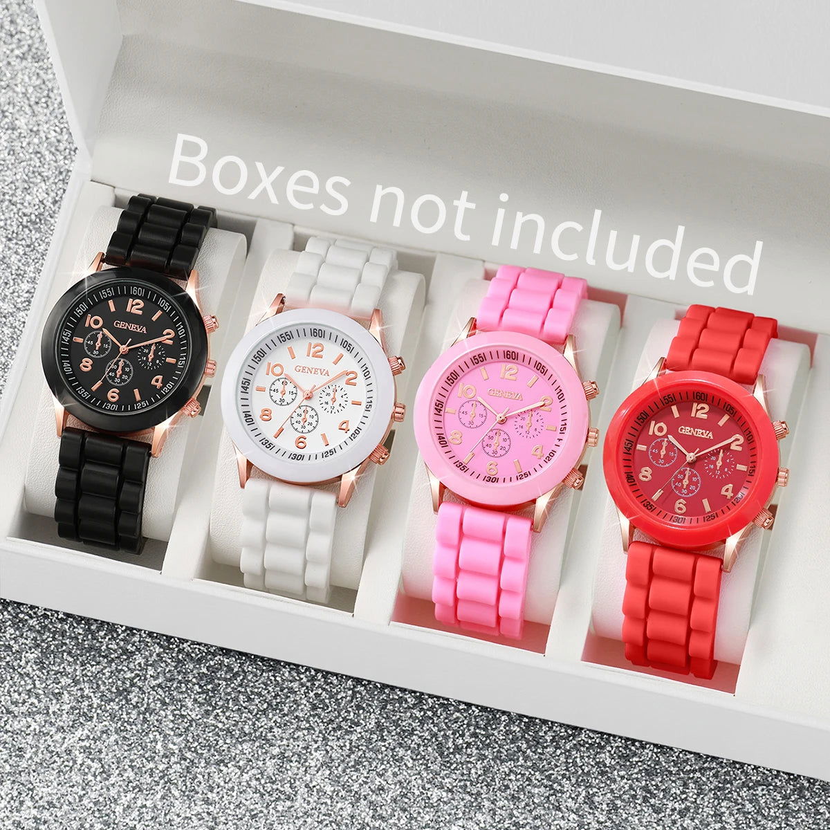 4PCs/Set Women Silicone Watch White Pink Red Black Colors Quartz Watch Set - LOCKDEALZ
