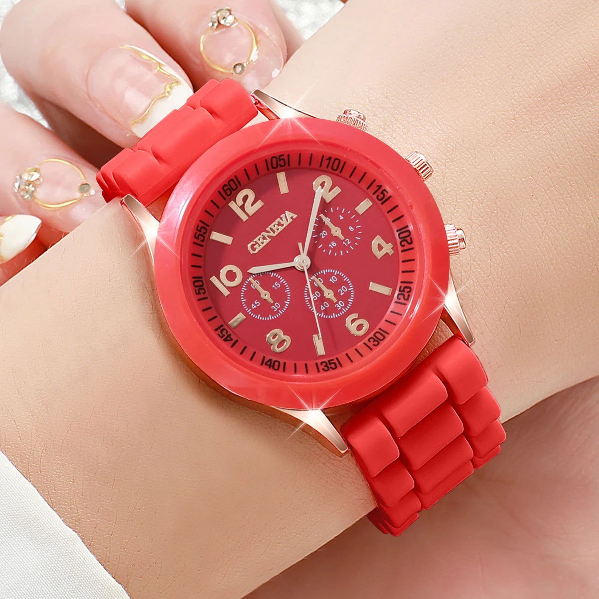 4PCs/Set Women Silicone Watch White Pink Red Black Colors Quartz Watch Set - LOCKDEALZ