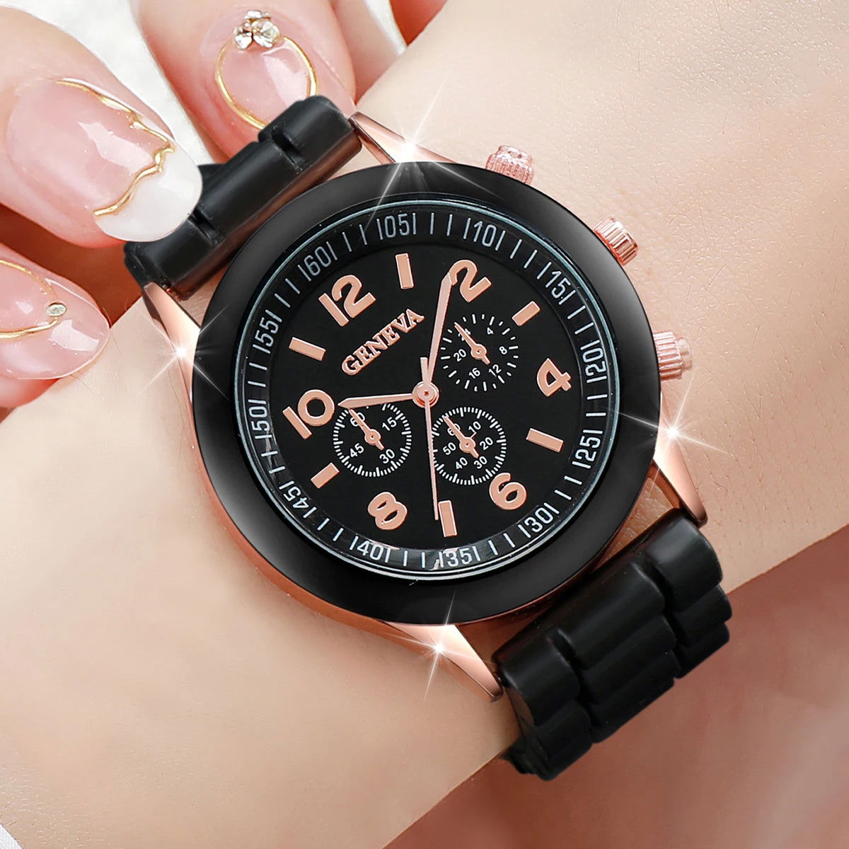 4PCs/Set Women Silicone Watch White Pink Red Black Colors Quartz Watch Set - LOCKDEALZ